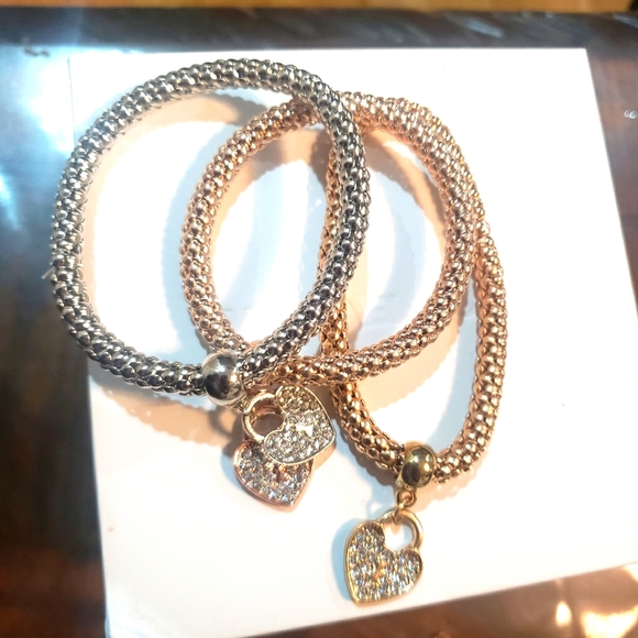 3pc/set Rhinestone Charm Bangle ❤ Heart bracelet Silver Gold & Rose gold - Picture 2 of 11